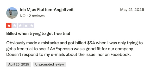 Screenshot of an AdEspresso user’s 1-star review.