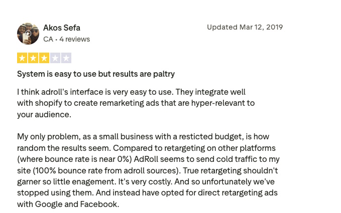 Screenshot of an AdRoll user’s 3-star review.