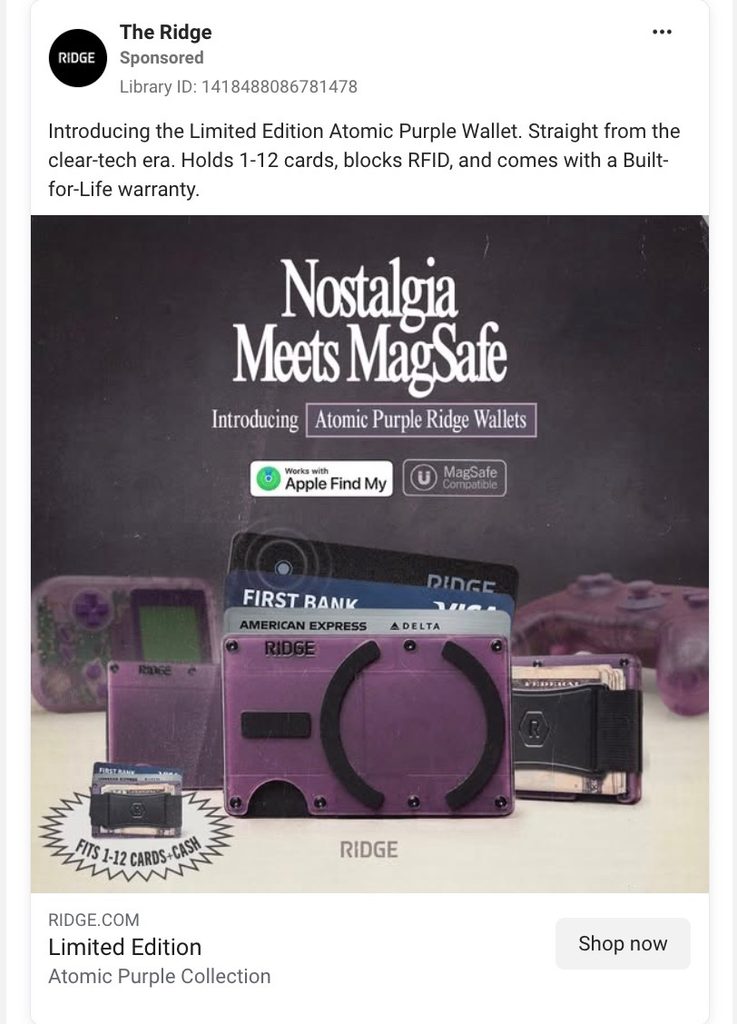 The Ridge Facebook ad for Limited Edition Atomic Purple Wallet with MagSafe compatibility and retro gaming styling.