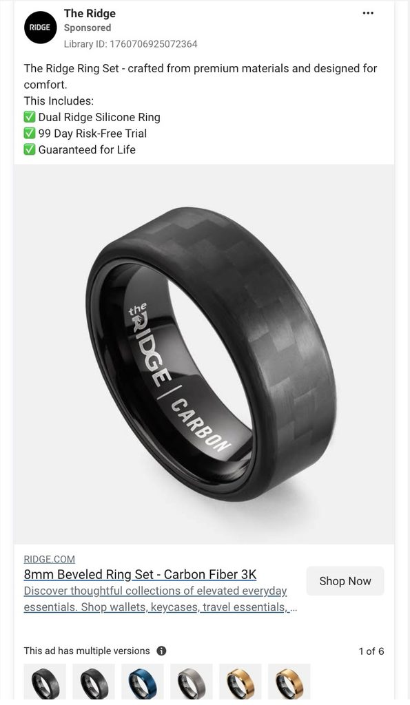 The Ridge Facebook ad for the Carbon Fiber 3K ring set, with a risk-free trial and lifetime guarantee in the offer stack.