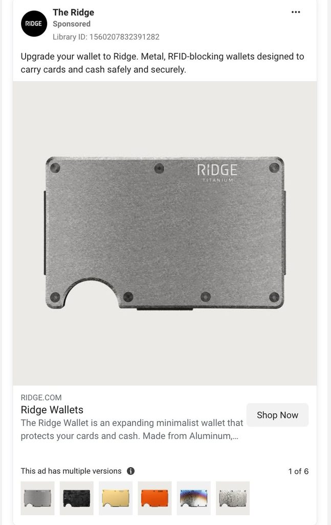 The Ridge Facebook ad showing a titanium RFID-blocking wallet with six creative versions in Meta Ad Library.