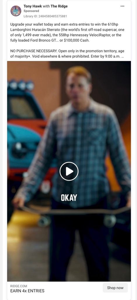 Tony Hawk creator partnership Facebook ad for The Ridge wallet with supercar giveaway and video creative.