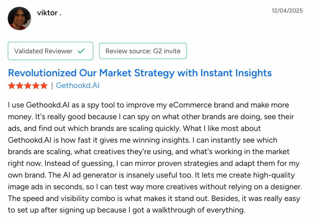 Five-star GetHookd G2 review praising fast competitor research and AI-generated ad variations.