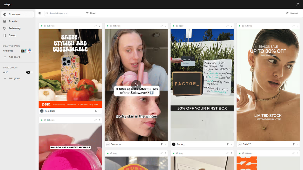 Adspo dashboard showing creative feed with brand groups, creative boards, and saved competitor ads in sidebar.