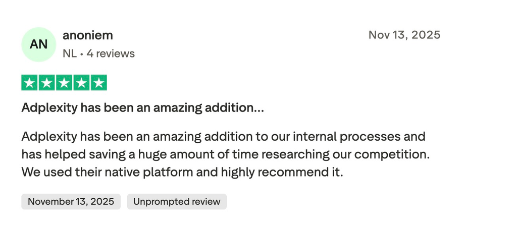 Five-star Trustpilot review praising AdPlexity's native platform for saving time on competitor research.