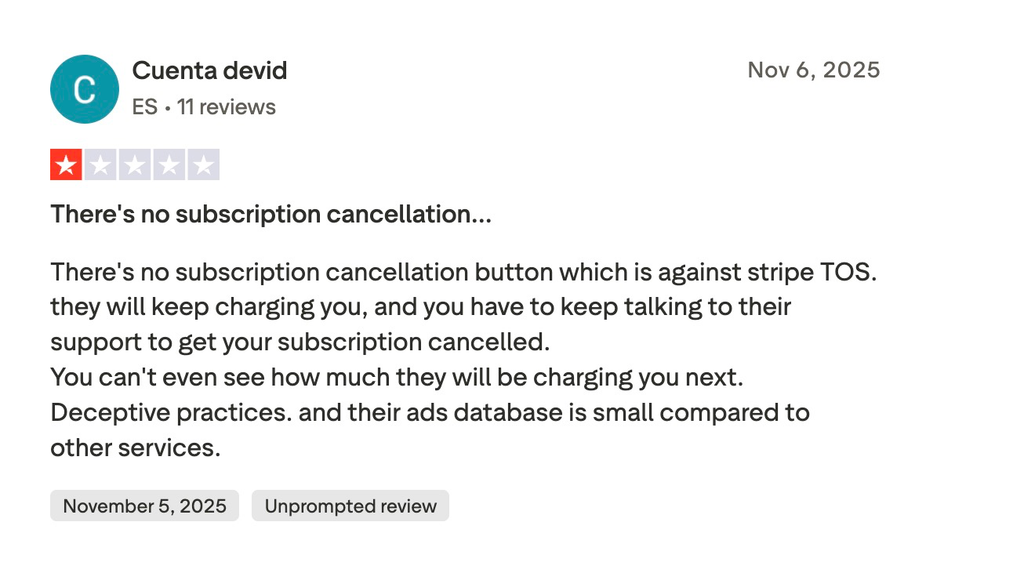 One-star Trustpilot review of AdPlexity criticizing missing cancellation button and limited ads database size.