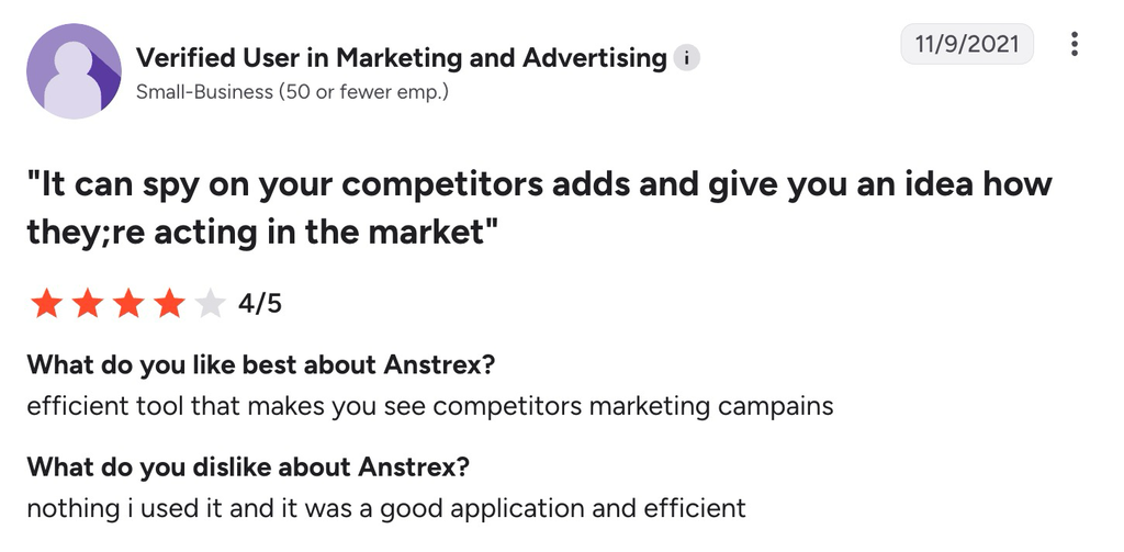 G2 review rates Anstrex four stars and praises its competitor marketing campaign research.