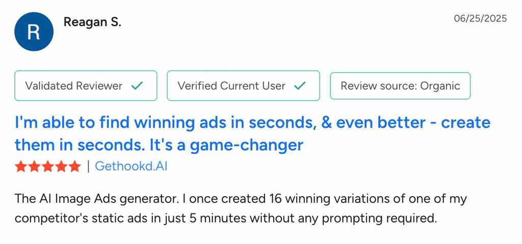 Five-star G2 review of GetHookd praising its AI image ads generator for creating winning variations quickly.