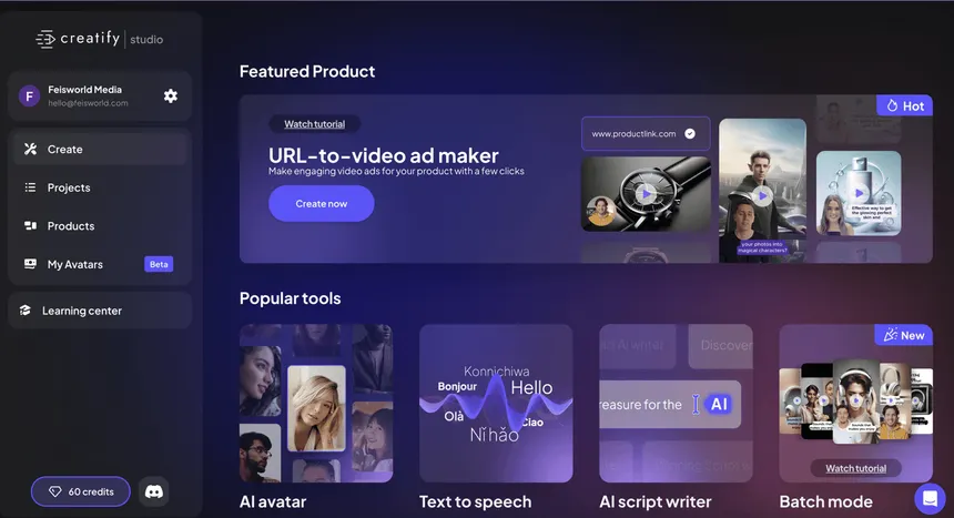 Creatify studio dashboard showing URL-to-video ad maker, AI avatar, text-to-speech, and batch mode tools.