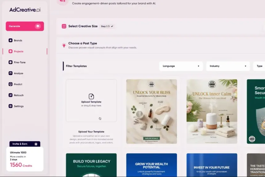 AdCreative.ai template library with creative size selection and upload option for rebuilding competitor ad concepts.