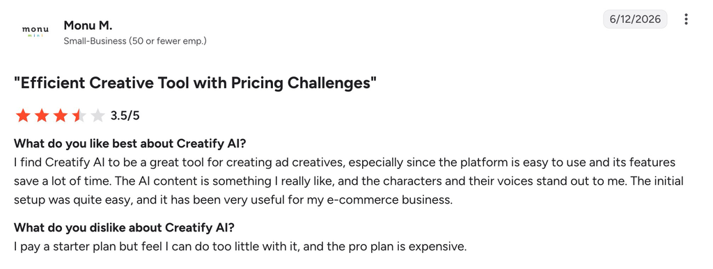 G2 review of Creatify AI noting easy ad creative production alongside starter and pro plan pricing concerns.
