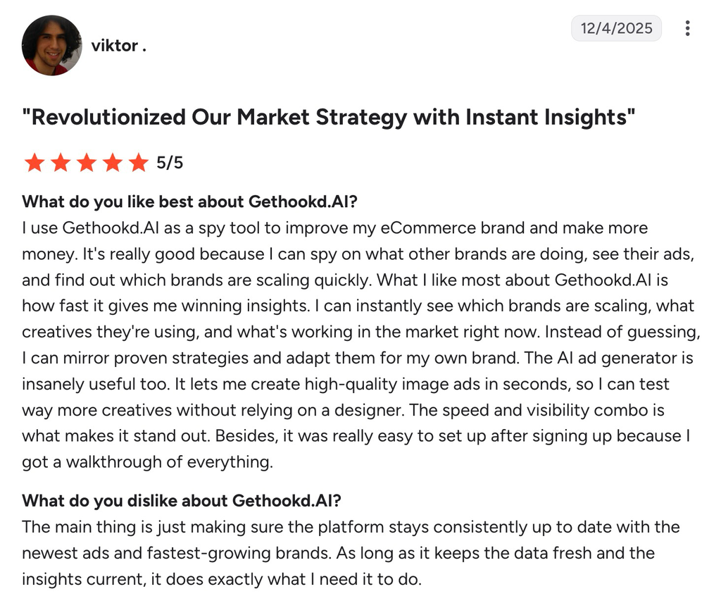 G2 review praising Gethookd.AI for fast competitor ad insights and instant AI creative generation.