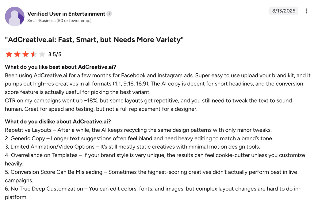 G2 review of AdCreative.ai praising fast multi-format creative generation while flagging repetitive layouts and generic copy.