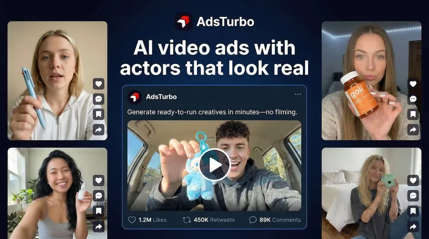 AdsTurbo promotional graphic advertising AI video ads with realistic actors, surrounded by UGC-style creative examples.
