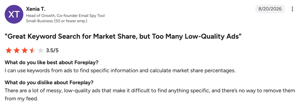 G2 review of Foreplay praising keyword search while criticizing low-quality ads in its feed.