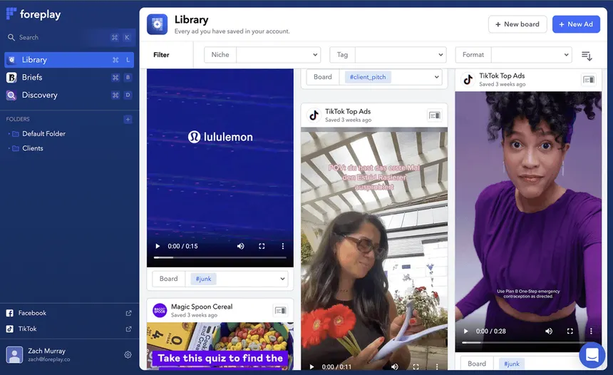 Foreplay Library dashboard displaying saved TikTok and Lululemon ad creatives organized into boards.