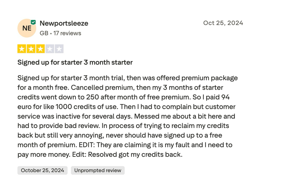 Trustpilot review describing Minea credit loss after a Premium trial, later resolved after contacting support.