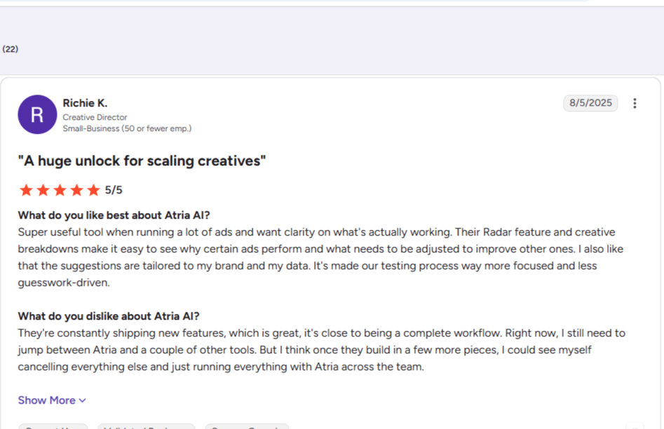 Screenshot of a five-star G2 review from a creative director calling Atria a huge unlock for scaling creatives.