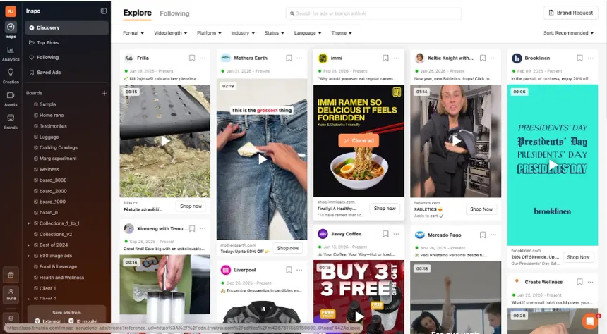 Atria Explore dashboard displaying competitor ads, filters, saved boards, and creative discovery tools.