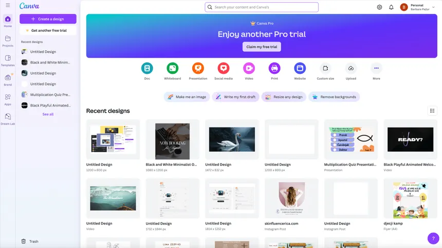 Canva homepage dashboard showing design type shortcuts, Magic Media prompts, and a grid of recent designs.
