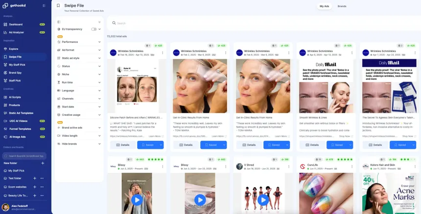 GetHookd Swipe File dashboard showing saved Facebook ad creatives with filters for format and niche.