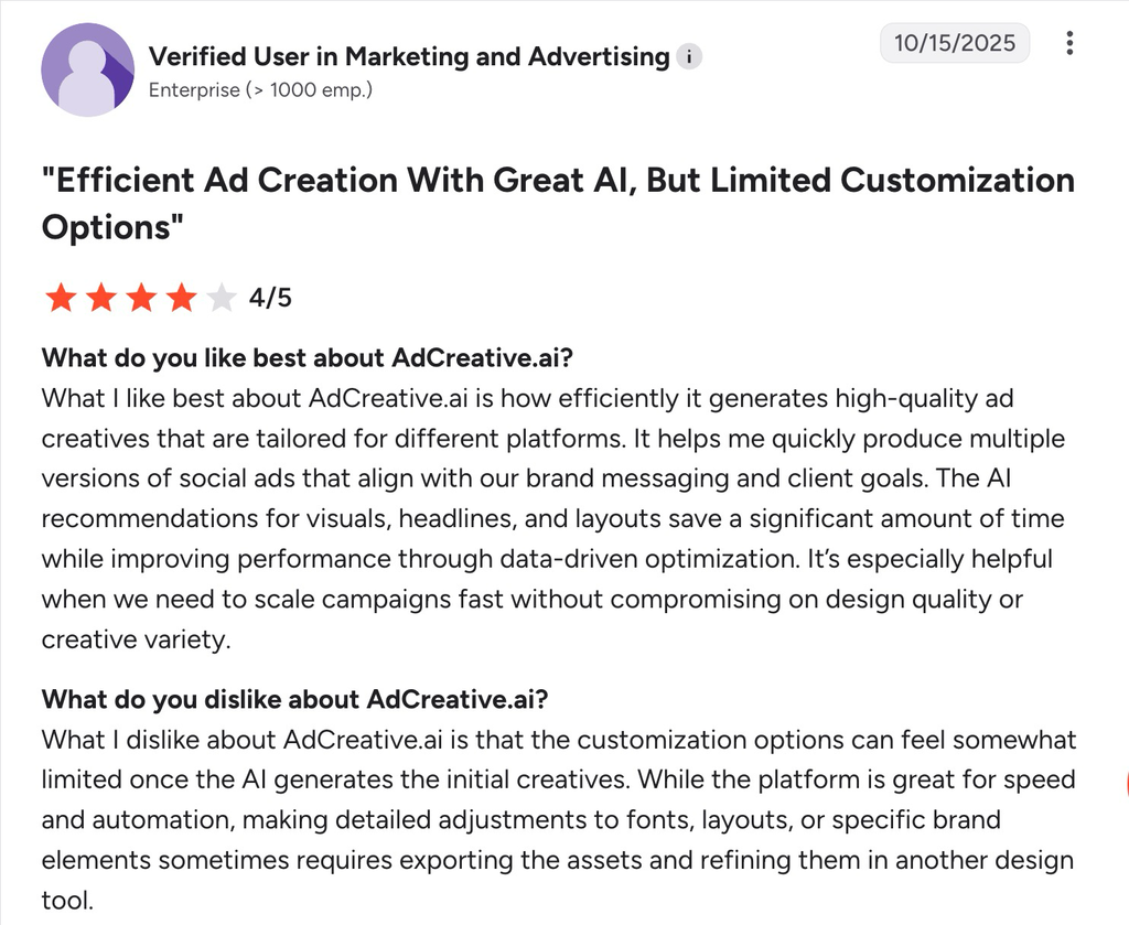 G2 review of AdCreative.ai praising efficient ad creation but noting limited customization options.