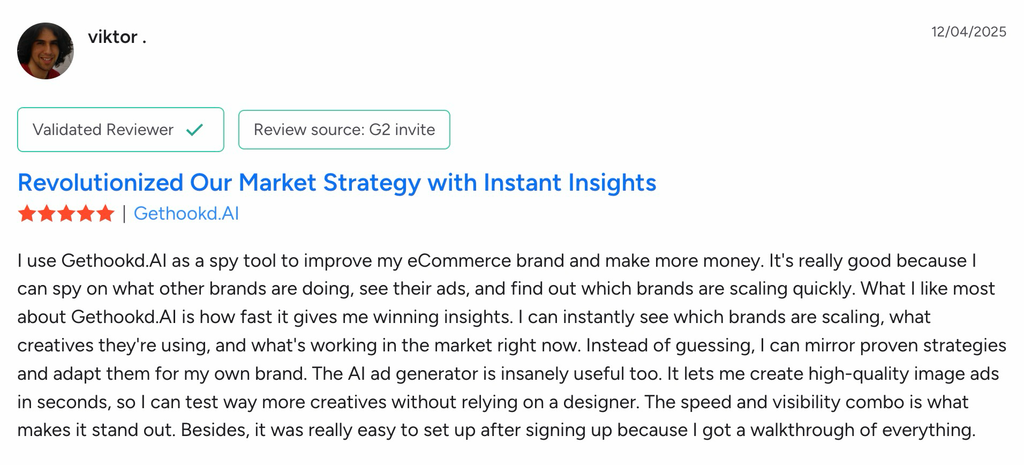 G2 review praising GetHookd for competitor research, scaling insights, and fast AI ad generation.