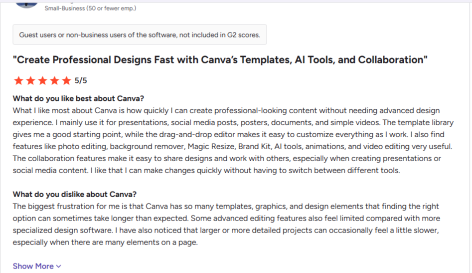 Screenshot of a five-star G2 review praising Canva's templates, AI tools, and collaboration while noting limited advanced editing and slow performance on larger projects. 