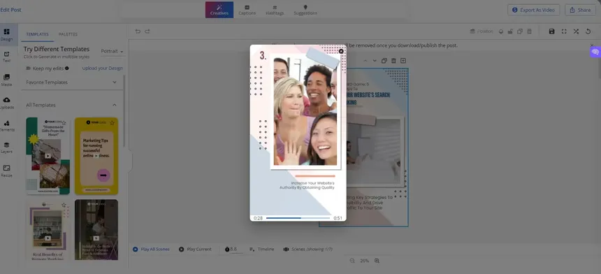 Predis.ai post editor showing a template library and social ad creative in progress.