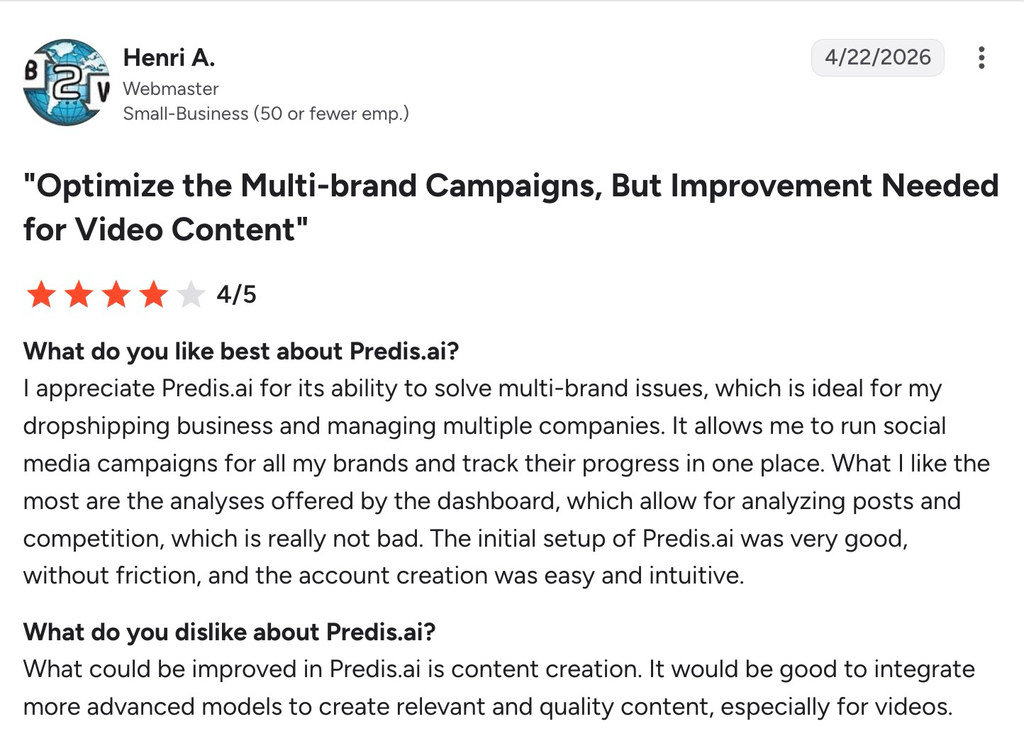 G2 Predis.ai review praising multi-brand management and analytics while criticizing video content quality.