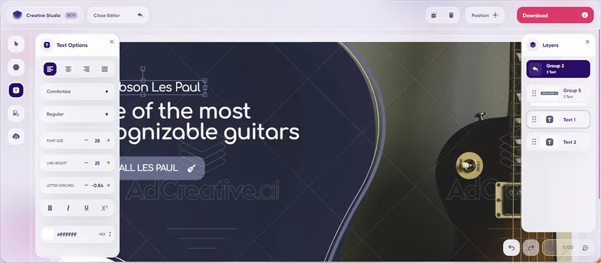 AdCreative.ai editor showing text controls, layered design elements, and a guitar-themed advertising creative.