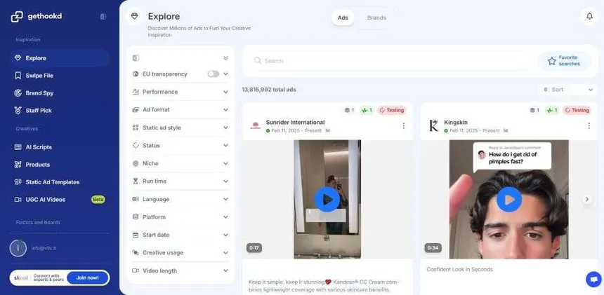 GetHookd dashboard displaying competitor ad discovery filters and video ad previews.