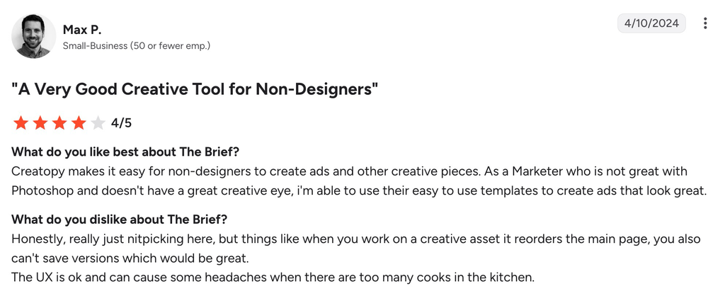 Four-star The Brief review praising easy templates while noting UX and version-saving limitations.