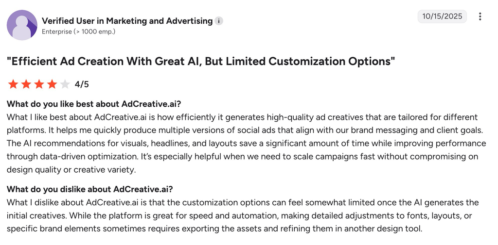 AdCreative.ai four-star review praising efficient ad creation while criticizing limited customization options.