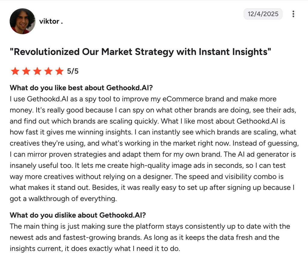 GetHookd five-star review praising competitor insights, creative discovery, and fast AI ad generation.
