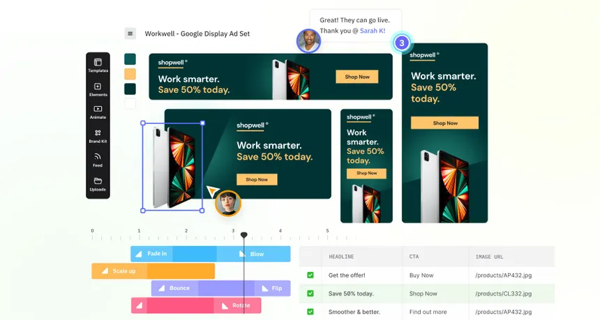 The Brief editor displaying multiple responsive ad sizes, animation controls, and feed-based creative variations.