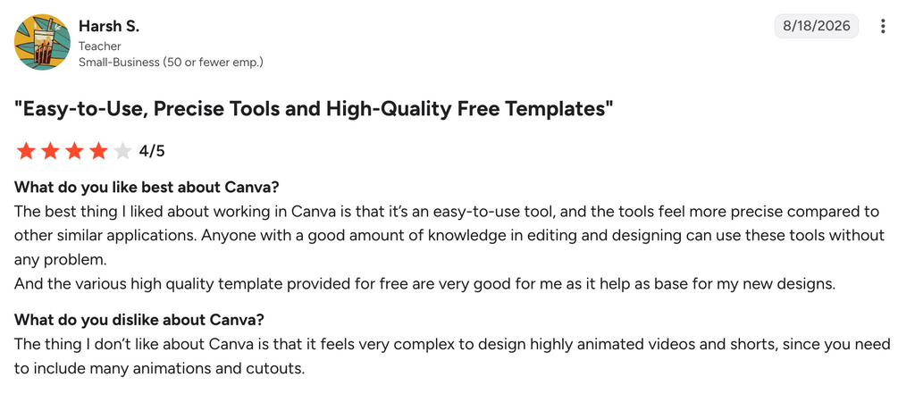 Four-star Canva review praising precise tools and templates while criticizing complex animation workflows.