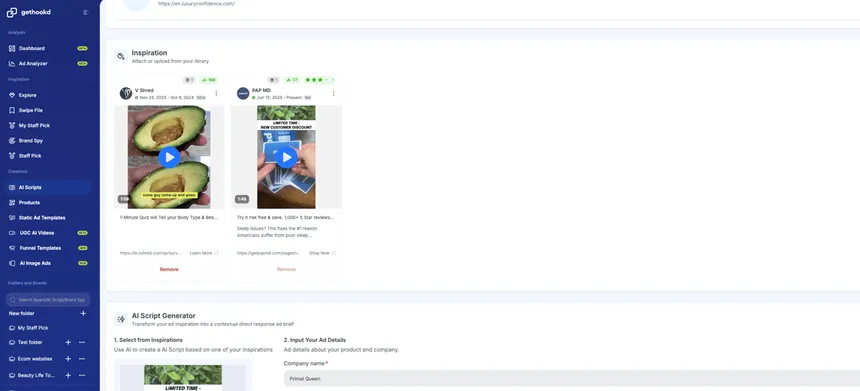 GetHookd dashboard showing saved ad inspiration and an AI script generator for creating new ad concepts.
