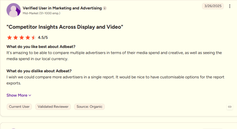 Adbeat G2 review page showing a 4.1 out of 5-star rating.