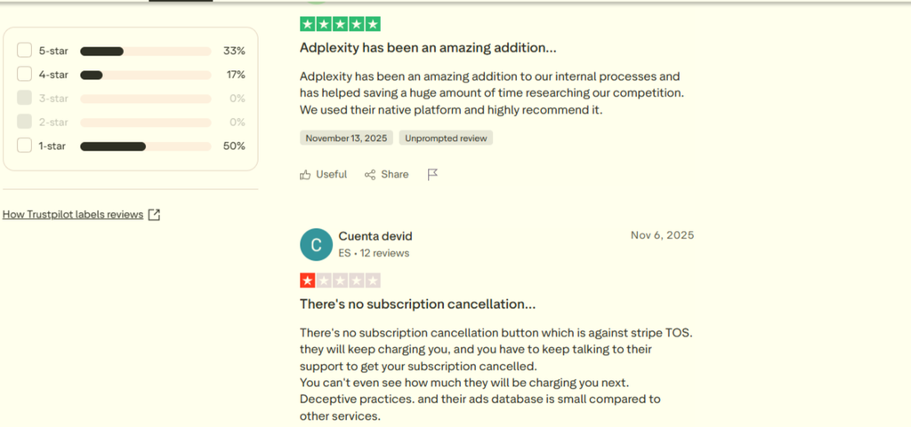 AdPlexity Trustpilot review page showing polarized ratings with 33% five-star and 50% one-star reviews.