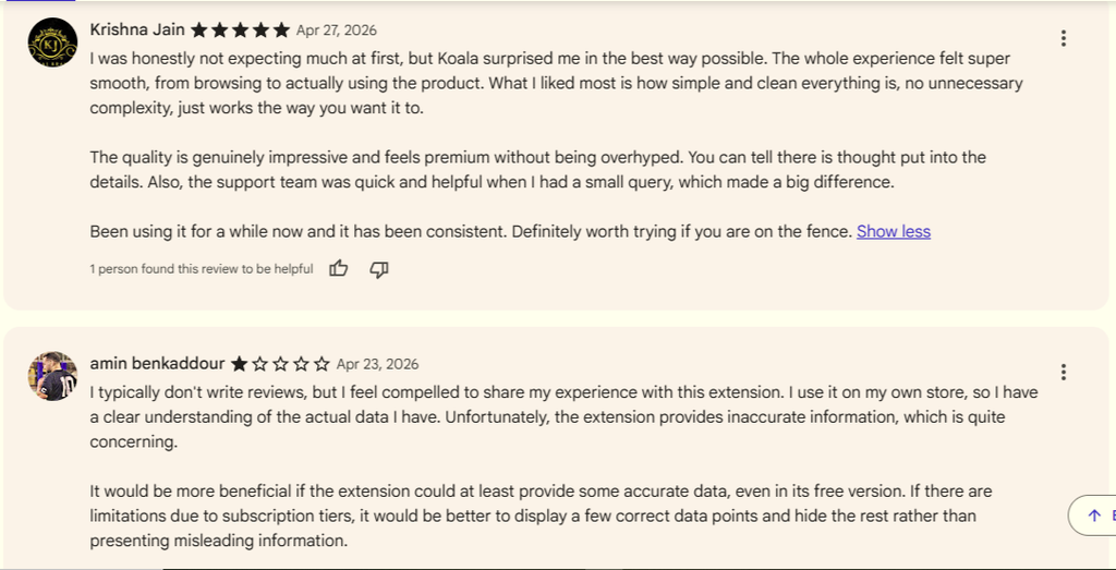 Koala Inspector Chrome Web Store reviews show mixed feedback on usability and data accuracy.