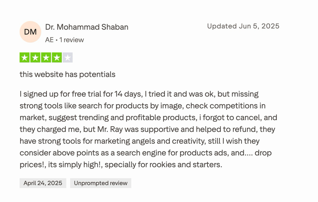 A 4-star Trustpilot review noting Atria's missing product-research tools and a successful refund.