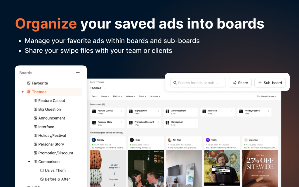 Atria board interface organizing saved ads into themed sub-boards like Feature Callout, Big Question, and Comparison.