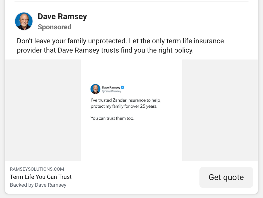 Screenshot of Dave Ramsey’s Zander insurance ad