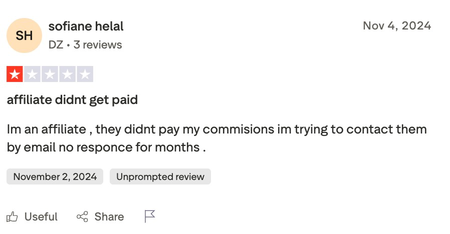 One-star Trustpilot review by Sofiane Helal reporting unpaid affiliate commissions and months of unanswered emails.