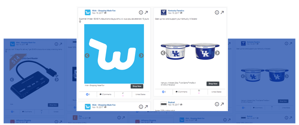 AdSpy interface showing Facebook ad previews from Wish, Kentucky Fanatics, and Buykud with engagement metrics