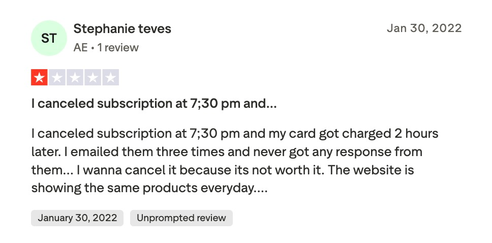 One-star Trustpilot review by Stephanie Teves reporting a charge after cancellation and three unanswered support emails.