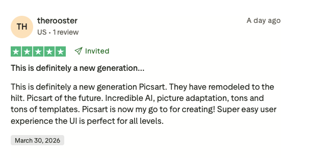 Screenshot of a Picsart user’s 5-star review for the platform.