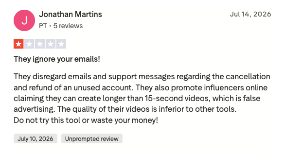 Screenshot of a Picsart user’s 1-star review for the platform.