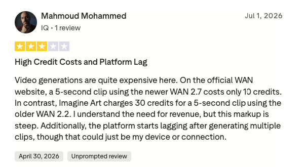 Screenshot of an ImagineArt user’s 3-star review for the platform.